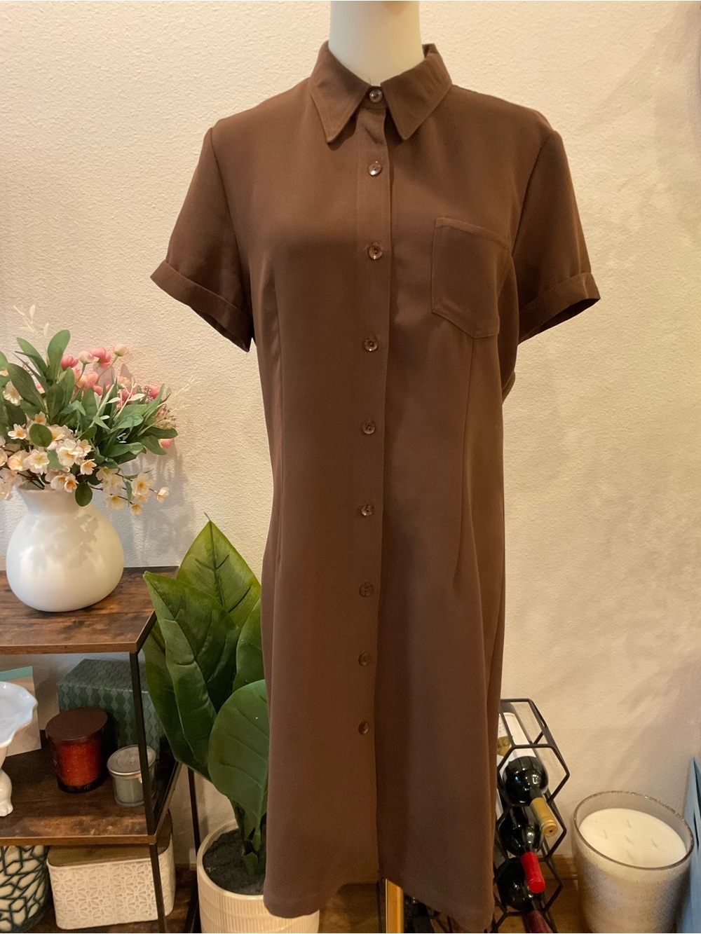 Women's Sarah B Studio Brown Button-Front Midi Shirt Dress